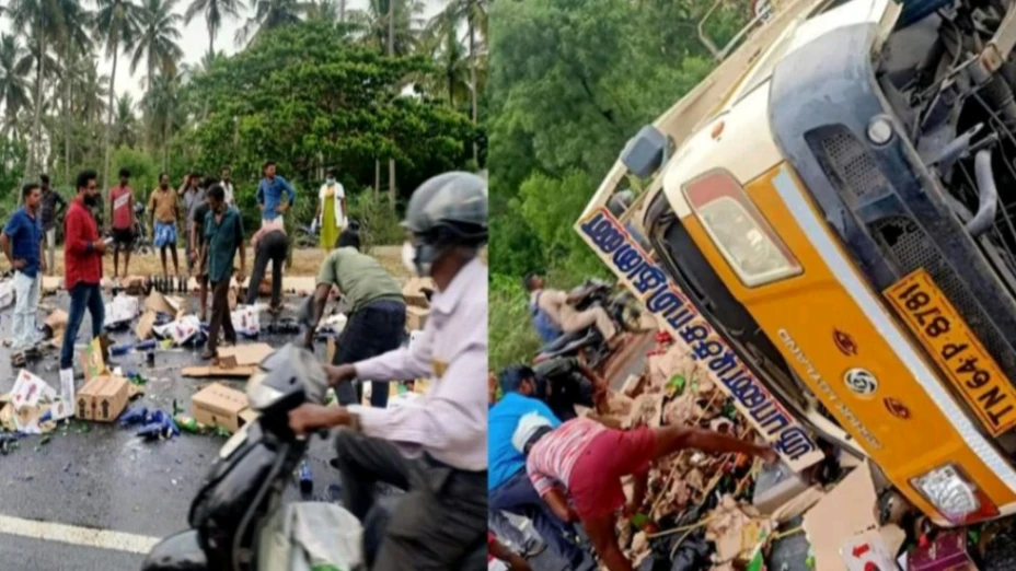 മദ്യവുമായി പോയ ലോറി മറിഞ്ഞു ; റോഡിൽ കുപ്പി പെറുക്കാൻ ജനത്തിരക്ക്
