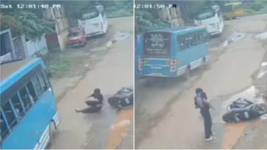  മുക്കത്ത് റോഡിൽ വീണ സ്കൂട്ടർ യാത്രികൻ ബസിനടിയിൽ പെടാതെ രക്ഷപ്പെട്ടത് തലനാരിഴയ്ക്ക്