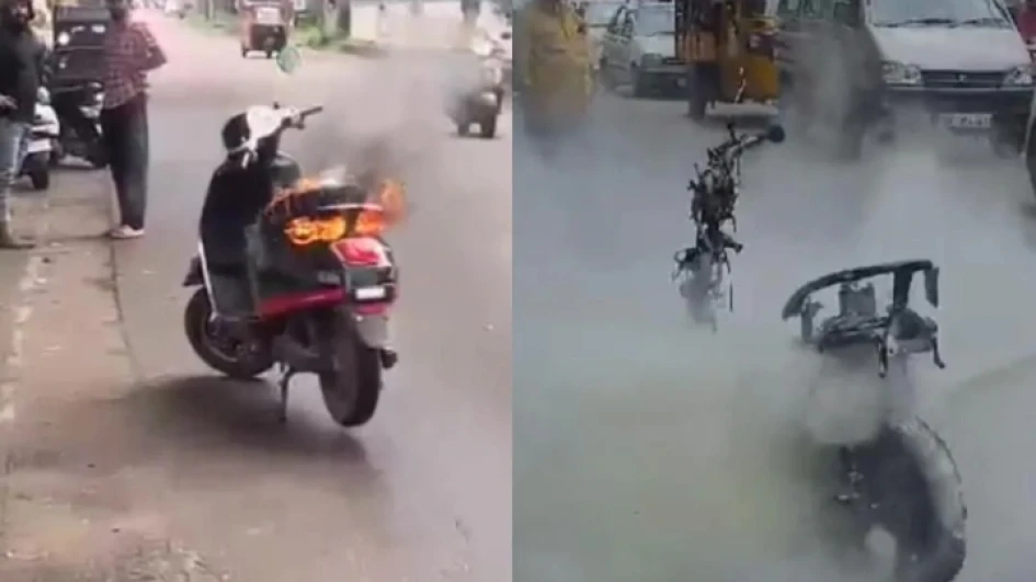  ഓടിക്കൊണ്ടിരിക്കെ ഇലക്ട്രിക് സ്കൂട്ടർ കത്തിനശിച്ചു; യാത്രക്കാർ രക്ഷപ്പെട്ടത് തലനാരിഴയ്ക്ക്