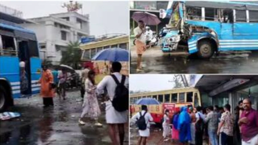 തൃശ്ശൂരിൽ കെ.എസ്.ആർ.ടി.സി. ബസ്സിന് പിറകിൽ സ്വകാര്യ ബസ്സിടിച്ച് അപകടം; പതിനഞ്ചുപേർക്ക് പരിക്ക്