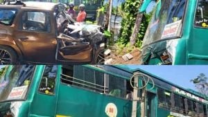 താമരശേരിക്കടുത്ത്  ബസ്സും കാറും കൂട്ടിയിടിച്ച് മൂന്നു പേർക്ക് ഗുരുതര പരിക്ക്