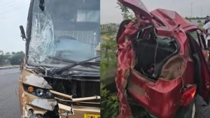 സ്വകാര്യ ബസ് കാറിലിടിച്ച്, അപകടത്തിൽ രണ്ട് പേർക്ക് പരിക്കേറ്റു