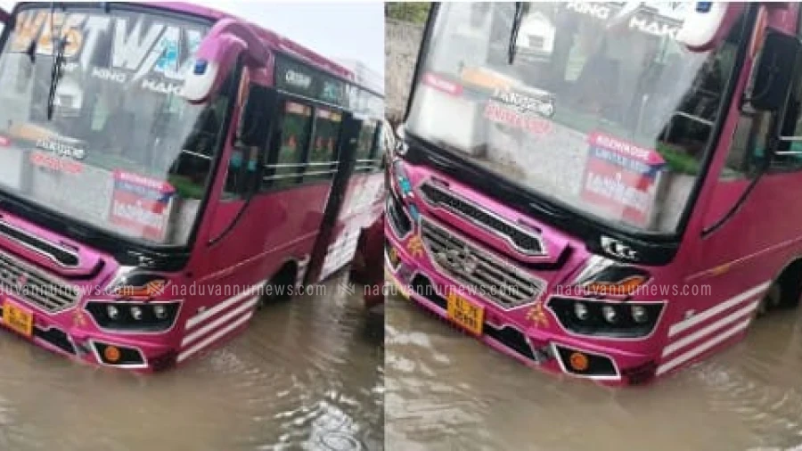 നന്തിയിൽ സ്വകാര്യ ബസ് ഡ്രൈനേജിലേക്ക് താഴ്ന്ന‌് അപകടം