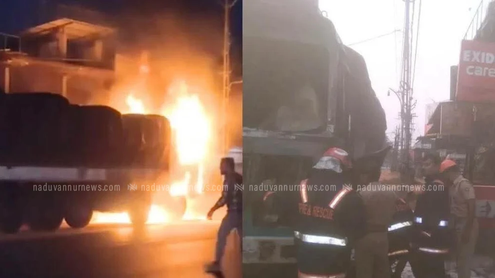  കൊയിലാണ്ടിയിൽ ലോറിക്ക് തീപിടിച്ച് ക്യാബിനിലുണ്ടായിരുന്ന ​ഗ്യാസ് സിലിണ്ടർ പൊട്ടിത്തെറിച്ചു