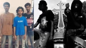 കറുത്ത വസ്ത്രം ധരിച്ച് കുരിശിൽ തലകീഴായി കിടന്ന് റീൽ, അതും പള്ളി സെമിത്തേരിയിൽ