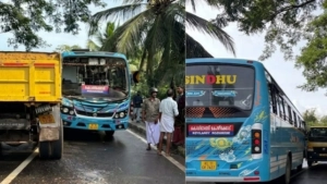 വെങ്ങളം പാലത്തിൽ ടിപ്പർ ലോറിയും ബസ്സും കൂട്ടിയിടിച്ച് അപകടം
